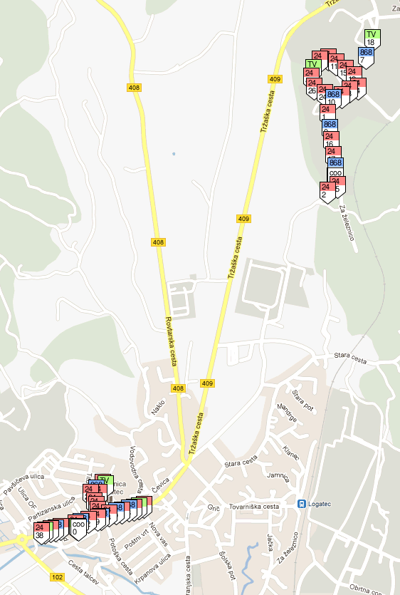 Map with sensor node locations in Logatec